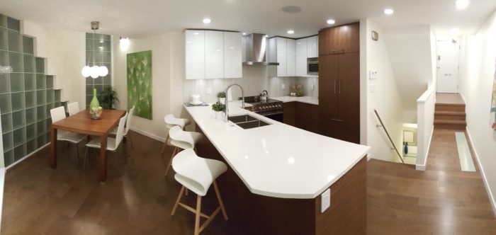 A panoramic view of a modern and fancy apartment
